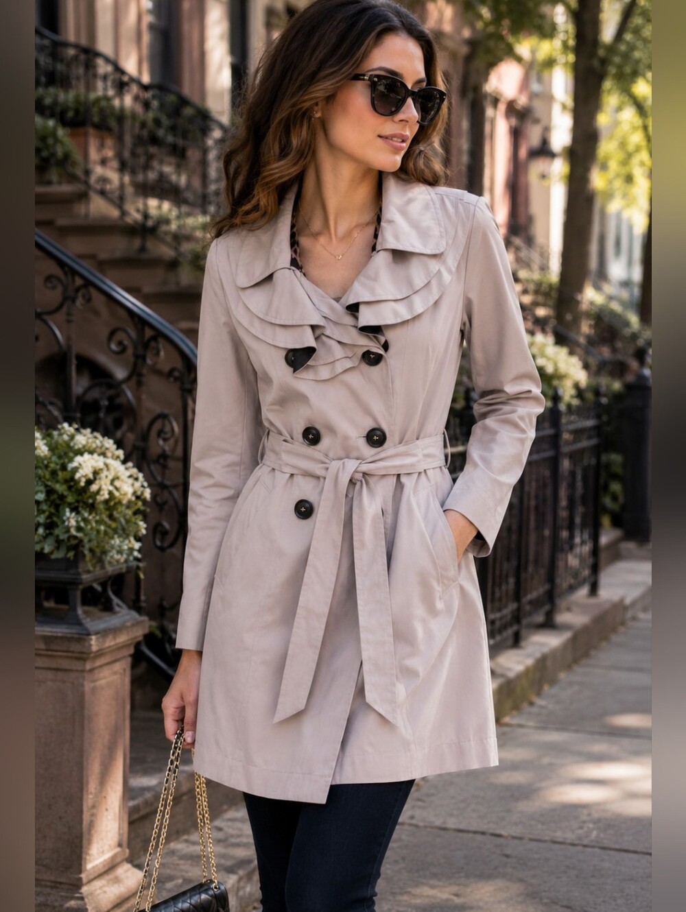 Betsey Johnson Ruffle Trench Coat Women's M Beige Belted Double Breasted Jacket